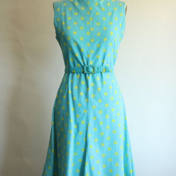Vintage 1960s Dress with Belt, Blue with Yellow Polka Dots, Summer - Picture 3 of 10